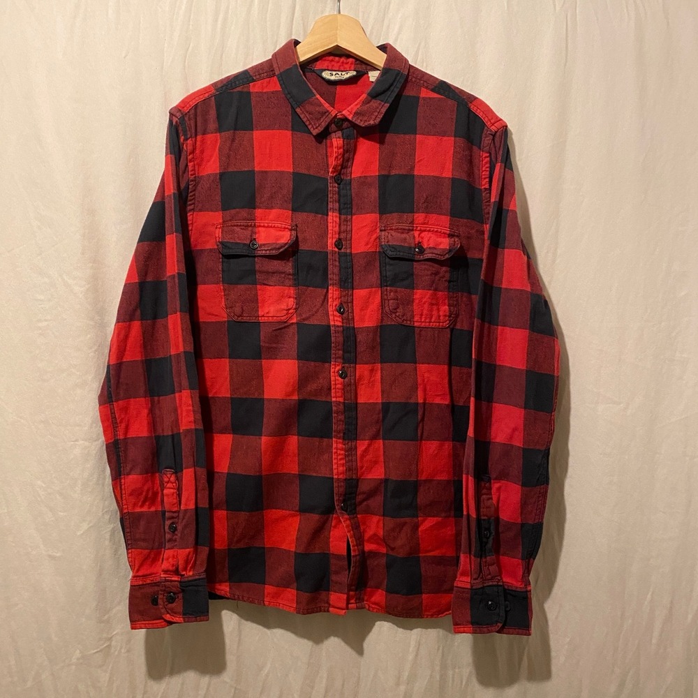 Salt Valley Mens Buffalo Plaid Flannel Shirt Red Black Large L Button Down